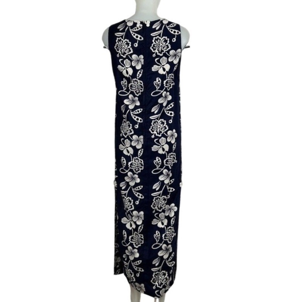 VTG 60Ss 70s Hawaiian Maxi Dress Floral White Navy Blue Side Slits Cotton SZ S - Picture 3 of 16